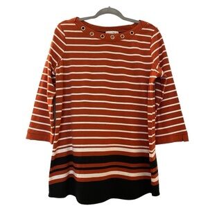 REBECCA MALONE top, 3/4 sleeve, burnt orange/white stripe. Grommets at neckline.